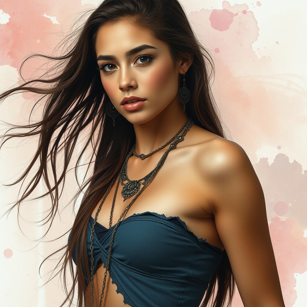 A young woman shown in an artistically elegant pose, with soft lighting highlighting her features, looking confident and empowered