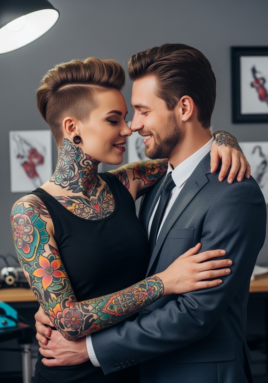 A romantic embrace between a woman tattoo artist and a male CEO