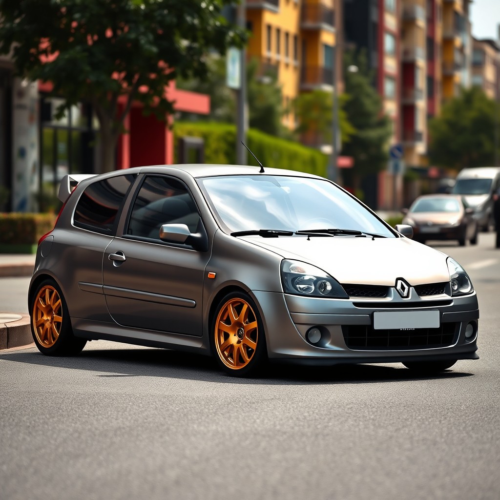 A stunning 2001 Renault Clio painted in a matte grey finish, showcasing its sleek and modern design