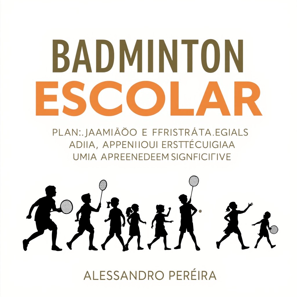 An educational poster design for 'BADMINTON ESCOLAR: PLANEJAMENTO, AVALIAÇÃO E ESTRATÉGIAS PARA UMA APRENDIZAGEM SIGNIFICATIVA' featuring a visually appealing layout