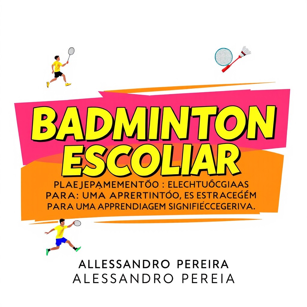 An educational poster for 'BADMINTON ESCOLAR: PLANEJAMENTO, AVALIAÇÃO E ESTRATÉGIAS PARA UMA APRENDIZAGEM SIGNIFICATIVA' featuring a bright and engaging design