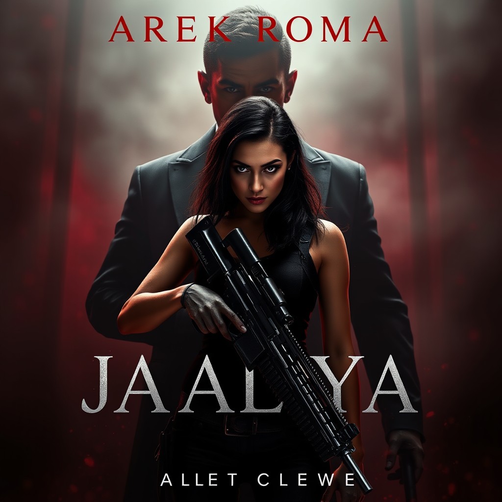 A dark romance book cover featuring intense mafia themes, depicting Isalya, an elite Italian sniper with piercing eyes, armed and exuding confidence, standing boldly in the foreground