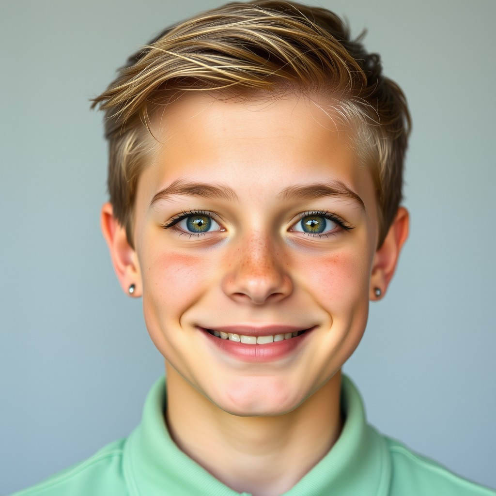 A headshot of a 15-year-old male with darker green eyes and shaggy pixie-style light brown hair, showcasing a friendly smirk