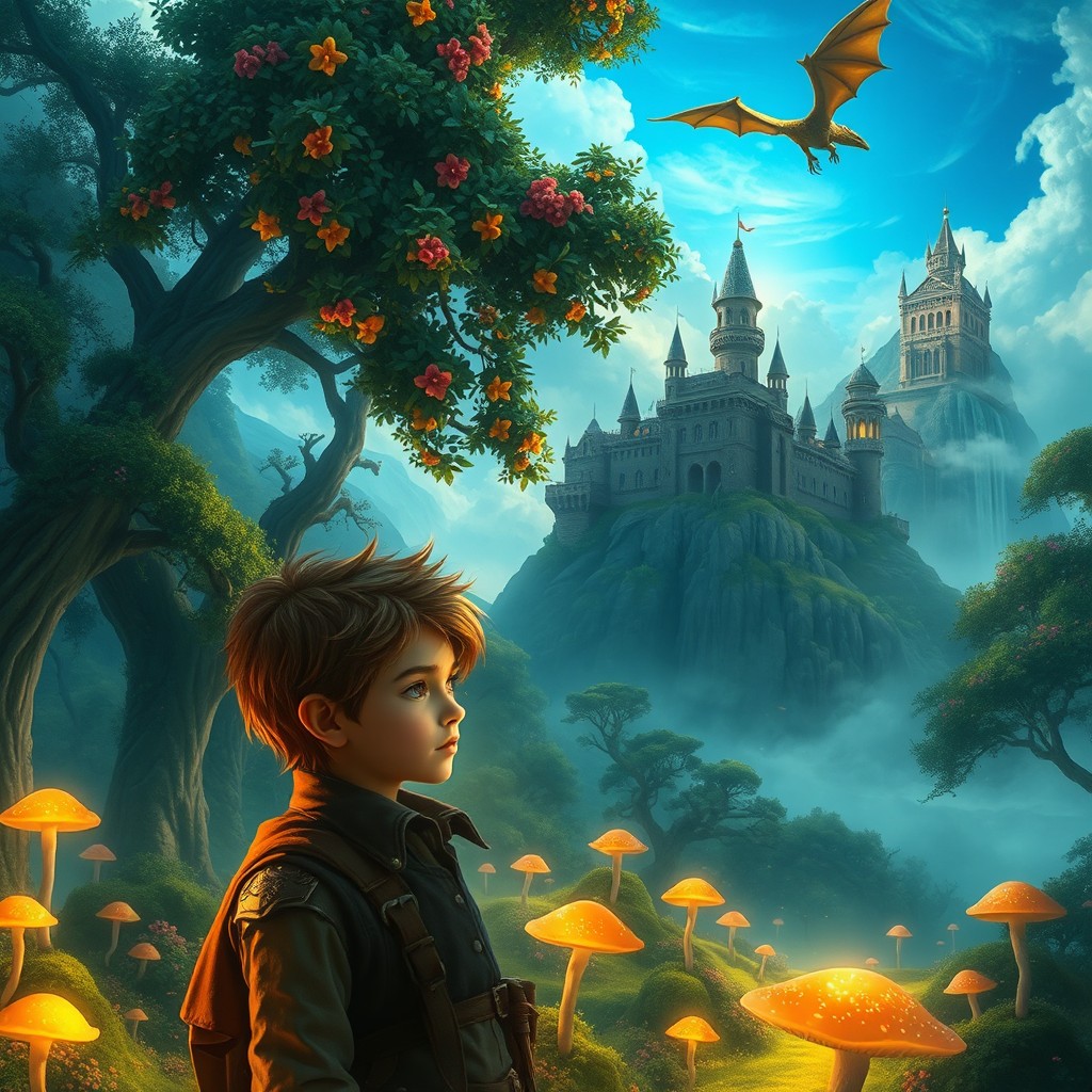 An enchanting fantasy landscape that depicts a mystical forest illuminated by ethereal light, with towering trees adorned in vibrant flowers and glowing mushrooms scattered across the forest floor