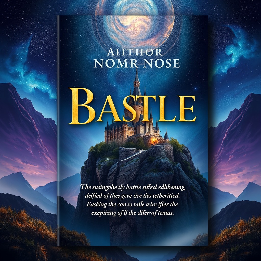 A captivating book cover design for a fantasy novel featuring a mystical landscape as the background, with a grand castle perched on a cliff under a starry night sky