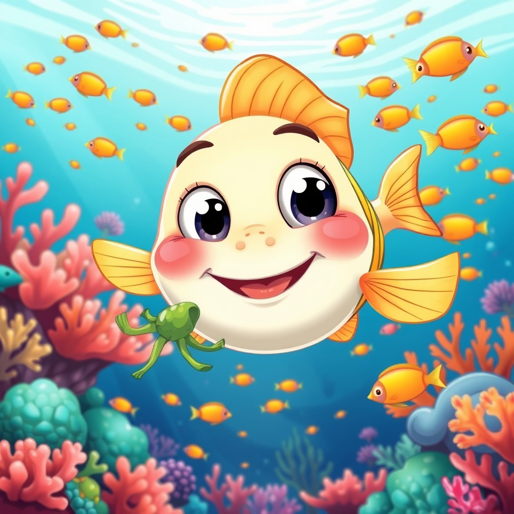 A cartoon-style illustration of a cute, ordinary fish swimming in a colorful underwater environment