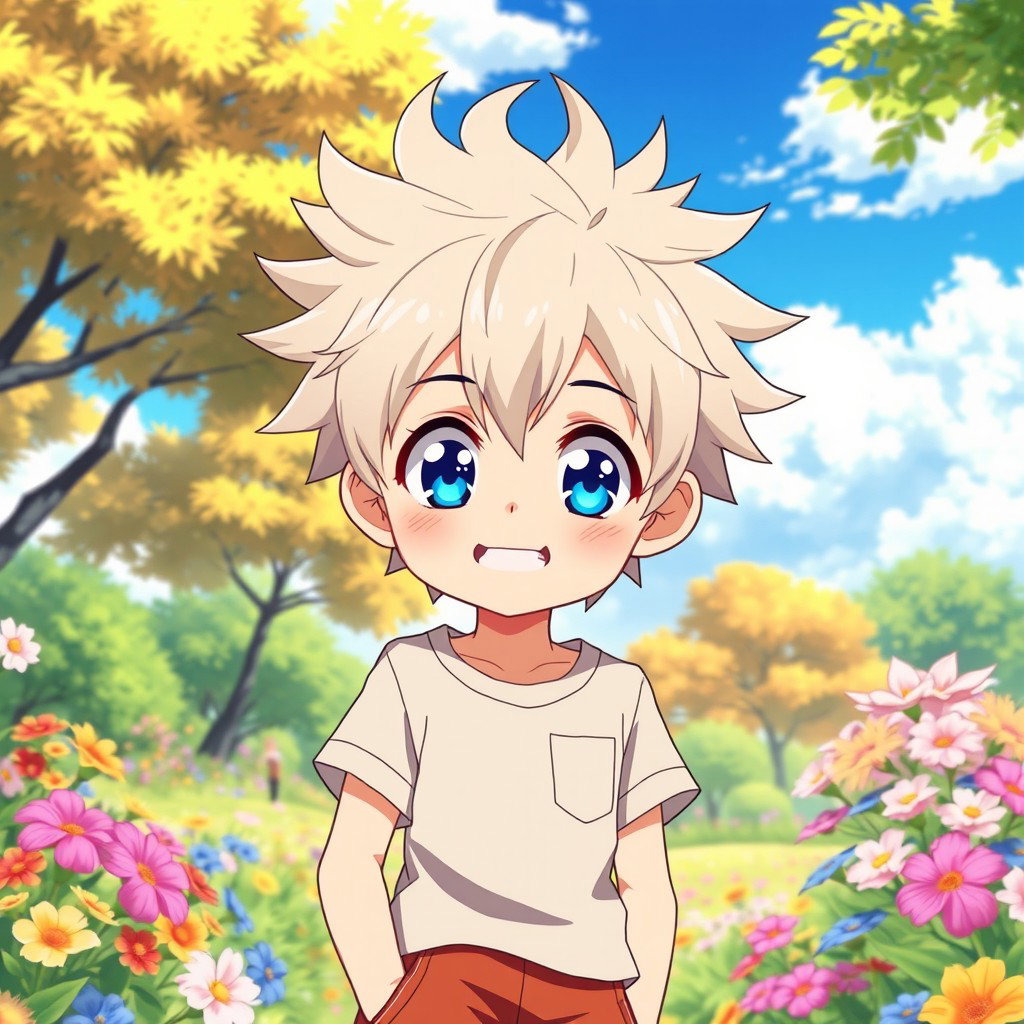 Anime character of a young boy with ash blonde hair styled in a messy, spiky fashion and sparkling blue bell-colored eyes