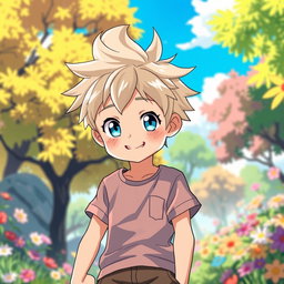 Anime character of a young boy with ash blonde hair styled in a messy, spiky fashion and sparkling blue bell-colored eyes