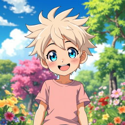 Anime character of a young boy with ash blonde hair styled in a messy, spiky fashion and sparkling blue bell-colored eyes