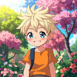 Anime character of a young boy with ash blonde hair styled in a messy, spiky fashion and sparkling blue bell-colored eyes