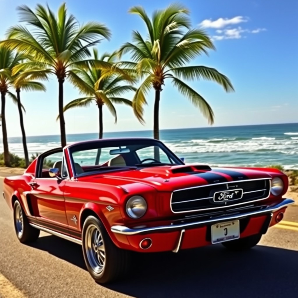 A classic Ford Mustang in a vibrant red color, parked on a sunny coastal road with palm trees swaying in the breeze
