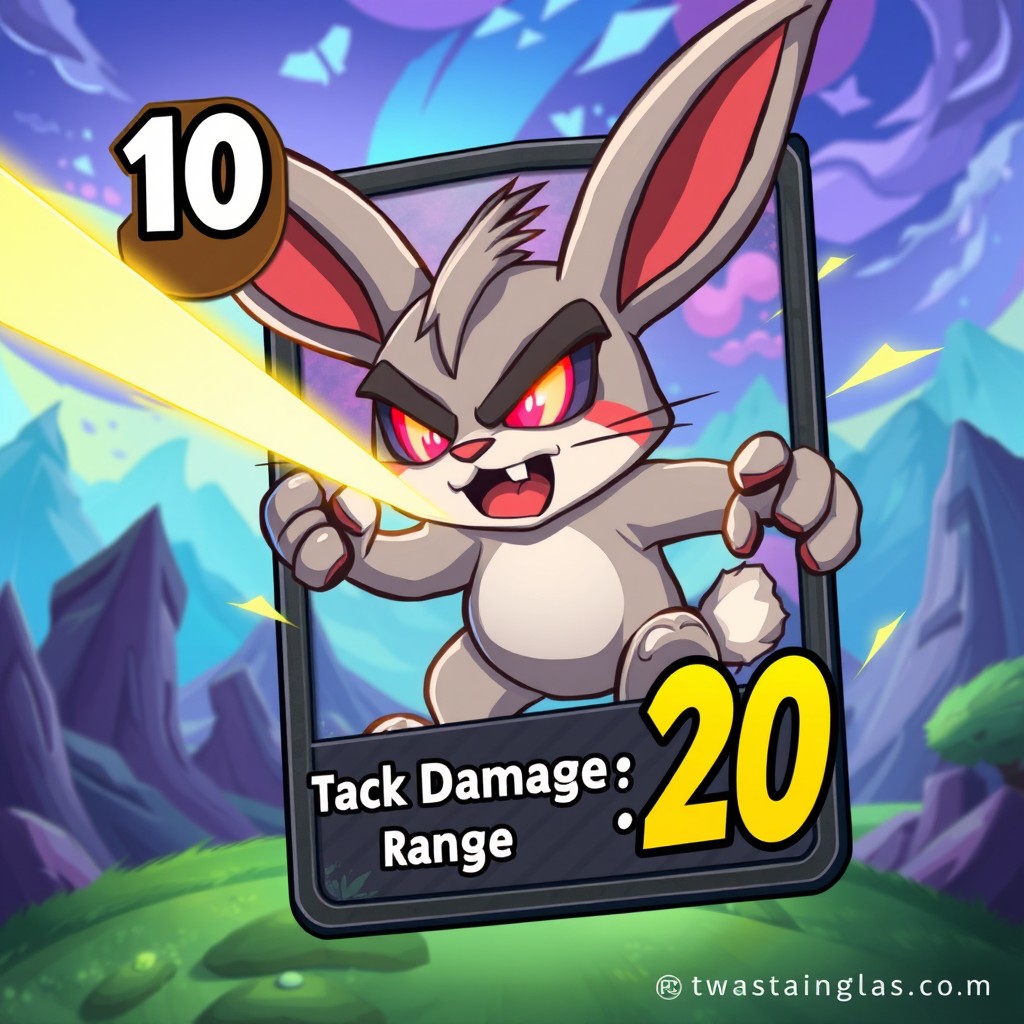 A fantasy trading card design featuring a fierce cartoonish bunny with glowing laser eyes