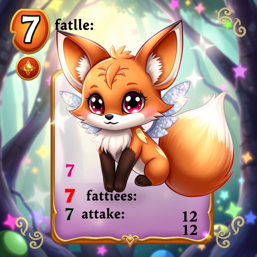 A whimsical trading card design featuring a cute and peculiar fox with sparkling wings, showcasing its ability to fly