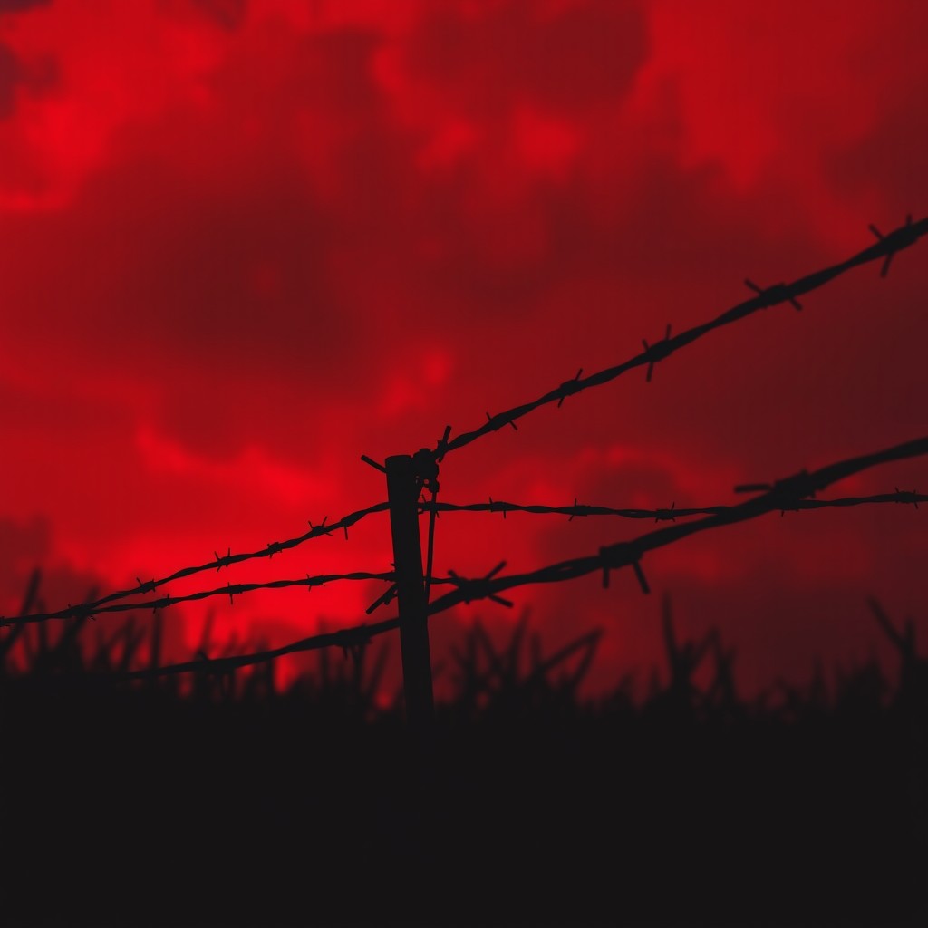 A dramatic scene featuring barbed wire silhouetted against a vibrant red sky, creating a powerful contrast
