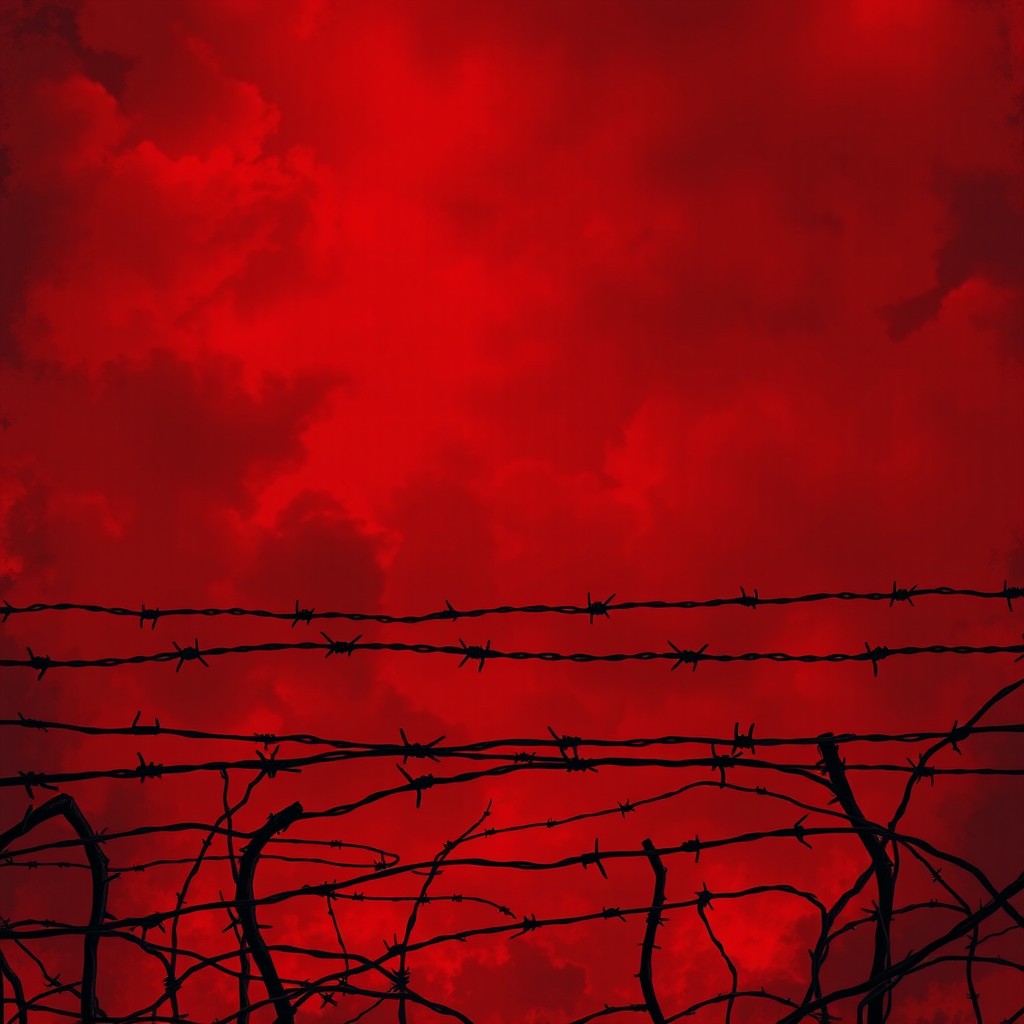 An abstract dark artwork featuring barbed wire against a vivid red sky, evoking a sense of confinement and despair