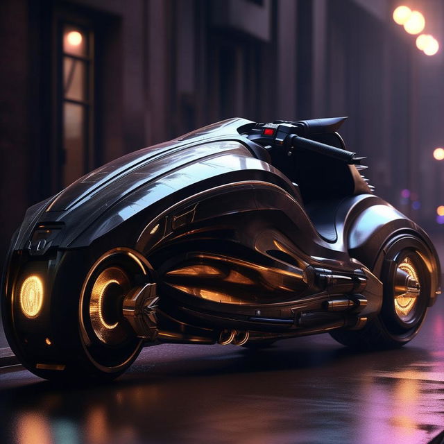 An innovative vision of a luxurious Batman Pod Motorbike in striking 8K resolution, imposingly standing in the luminance of Gotham's night.