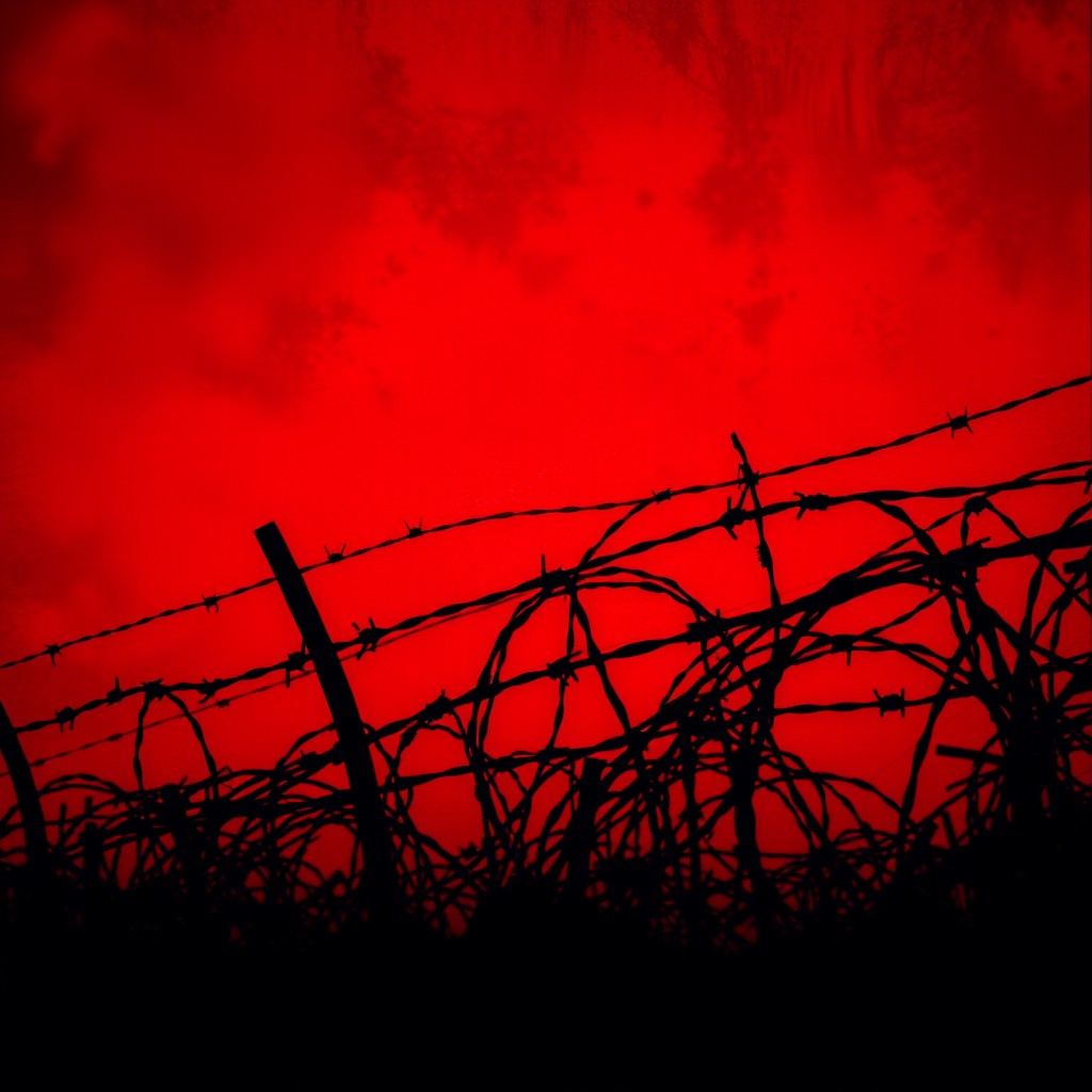 An abstract dark artwork featuring barbed wire silhouetted against a vivid red sky