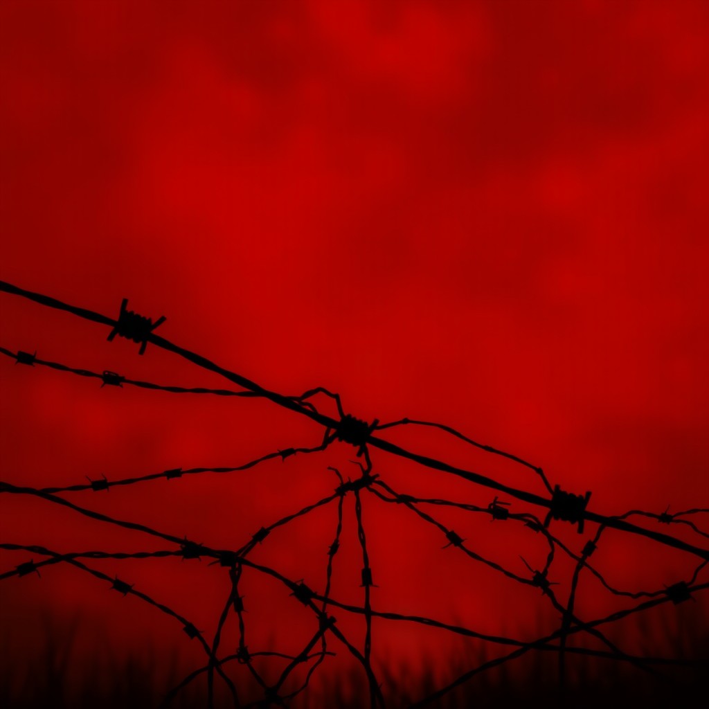 An abstract dark artwork featuring barbed wire silhouetted against a dramatic red sky, evoking themes of confinement and despair