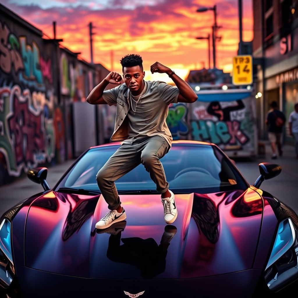 A confident young Black man energetically twerking on the hood of a sleek, shiny sports car under a vibrant sunset