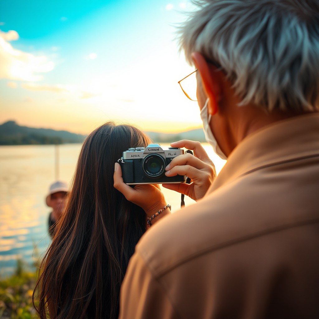 An Indonesian girl with long hair holding a vintage camera with the lens pointed toward a serene lake