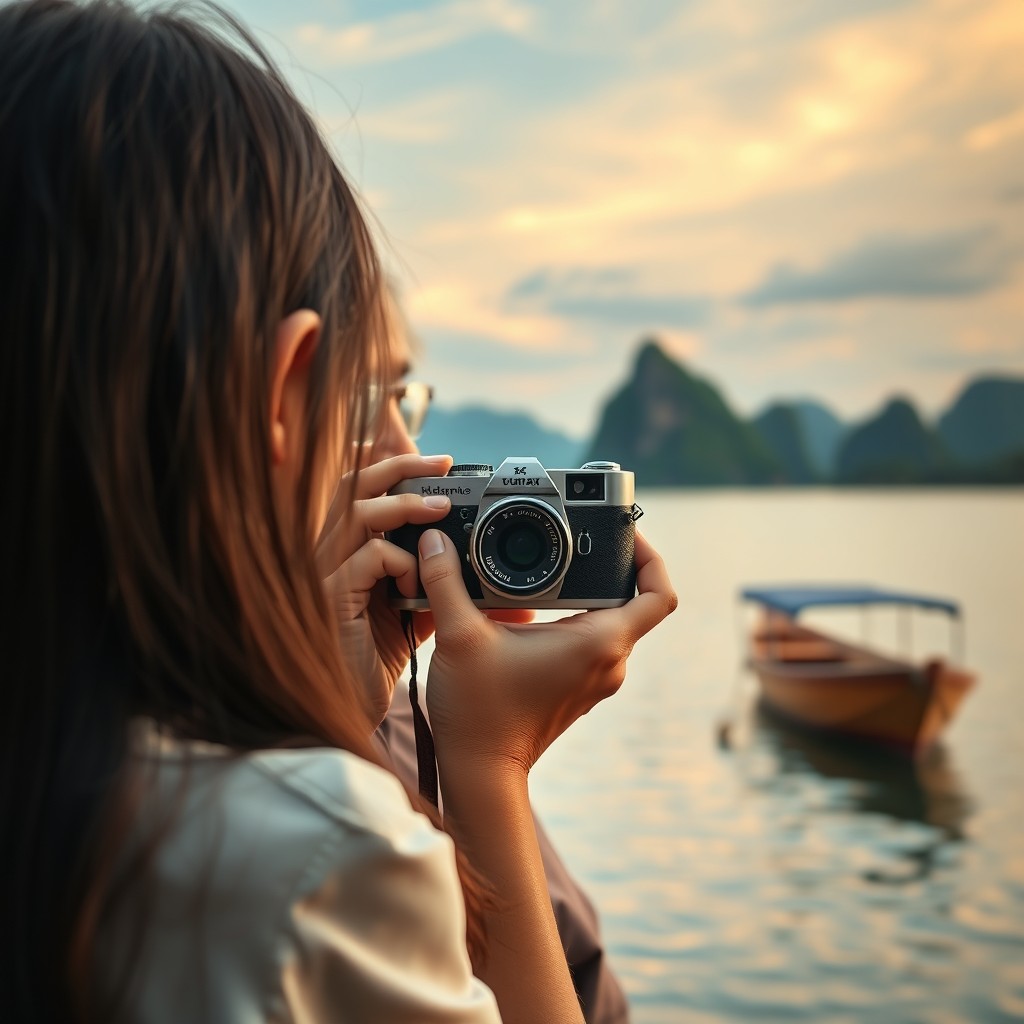 An Indonesian girl with long hair holding a vintage camera with the lens pointed at a picturesque lake featuring a wooden boat