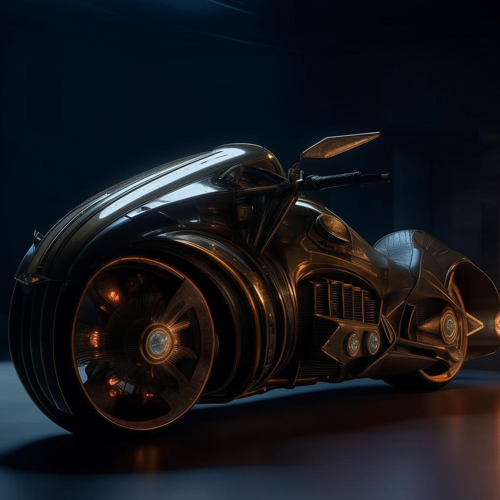 An innovative vision of a luxurious Batman Pod Motorbike in striking 8K resolution, imposingly standing in the luminance of Gotham's night.