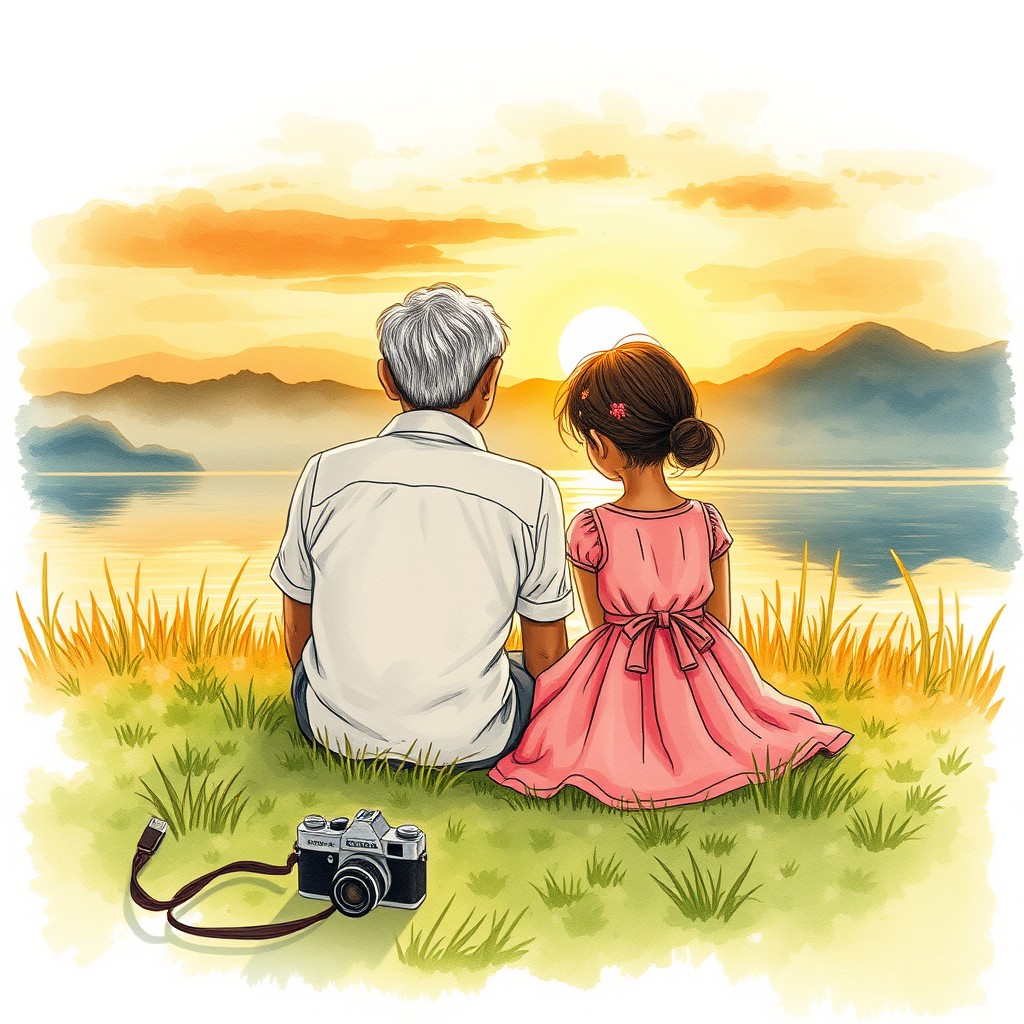 A hand-drawn illustration depicting an Indonesian grandfather and granddaughter sitting together at the Bojonegoro lakeside during sunset
