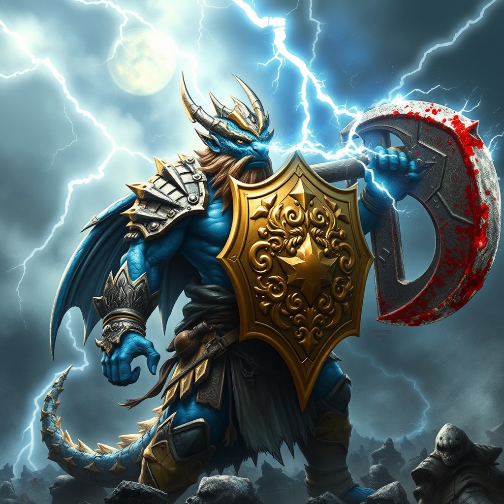 A blue dragonborn barbarian standing fiercely in battle, breathing arcs of crackling lightning