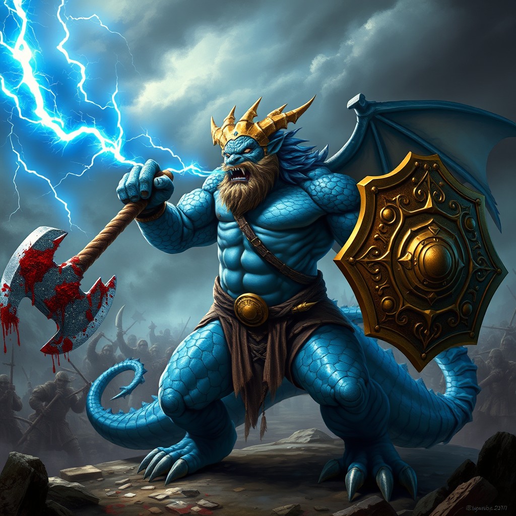 A fierce blue dragonborn barbarian depicted in a powerful stance, unarmored and muscular, showcasing his scales glistening in the light