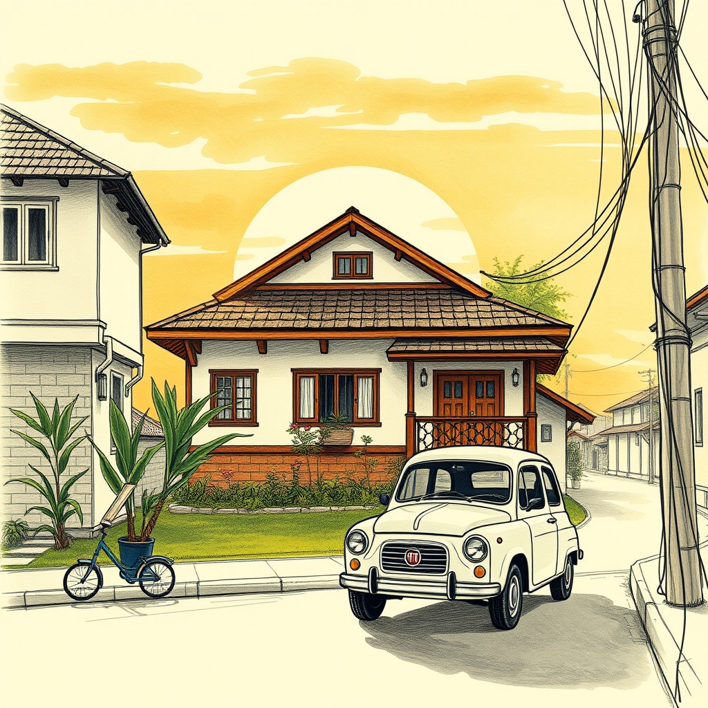 A traditional hand-drawn illustration showcasing iconic Indonesian 'rumah jengki' architecture from the 1960s, situated on a calm small town street