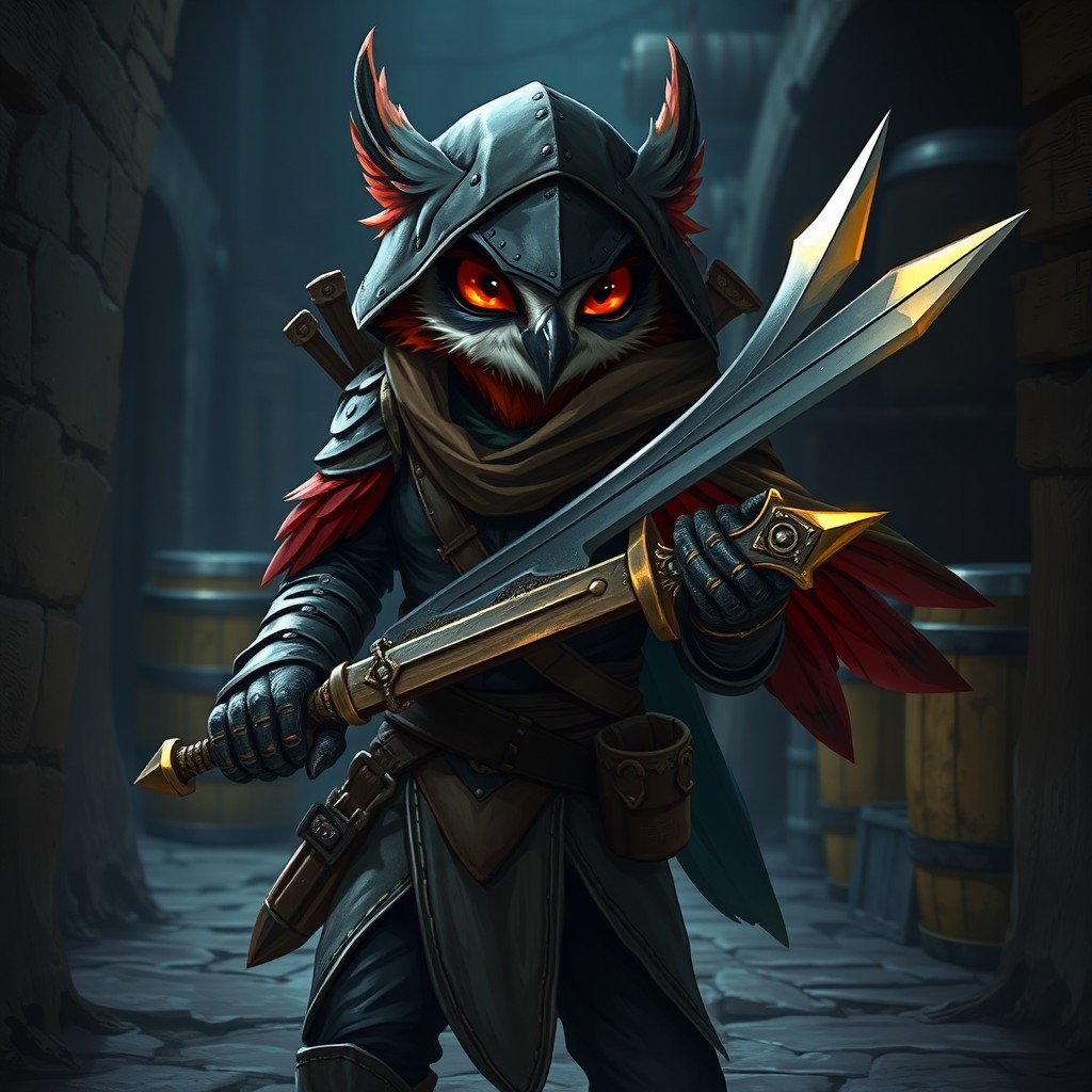 A stealthy thief character in a Dungeons & Dragons setting, designed as an Owlin humanoid with vibrant feathers and sharp features