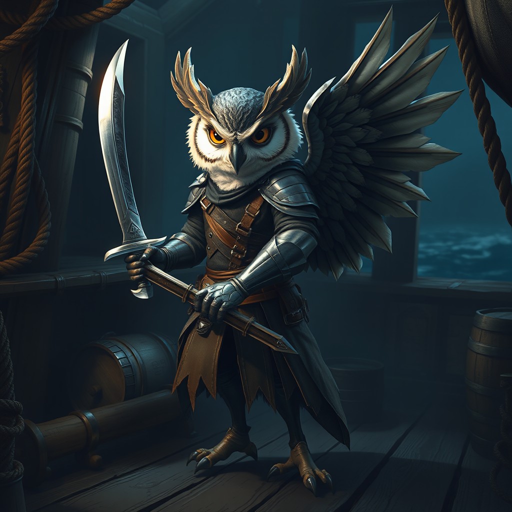 A stealthy owlin rogue dressed in sleek leather armor, exuding a mysterious and agile presence