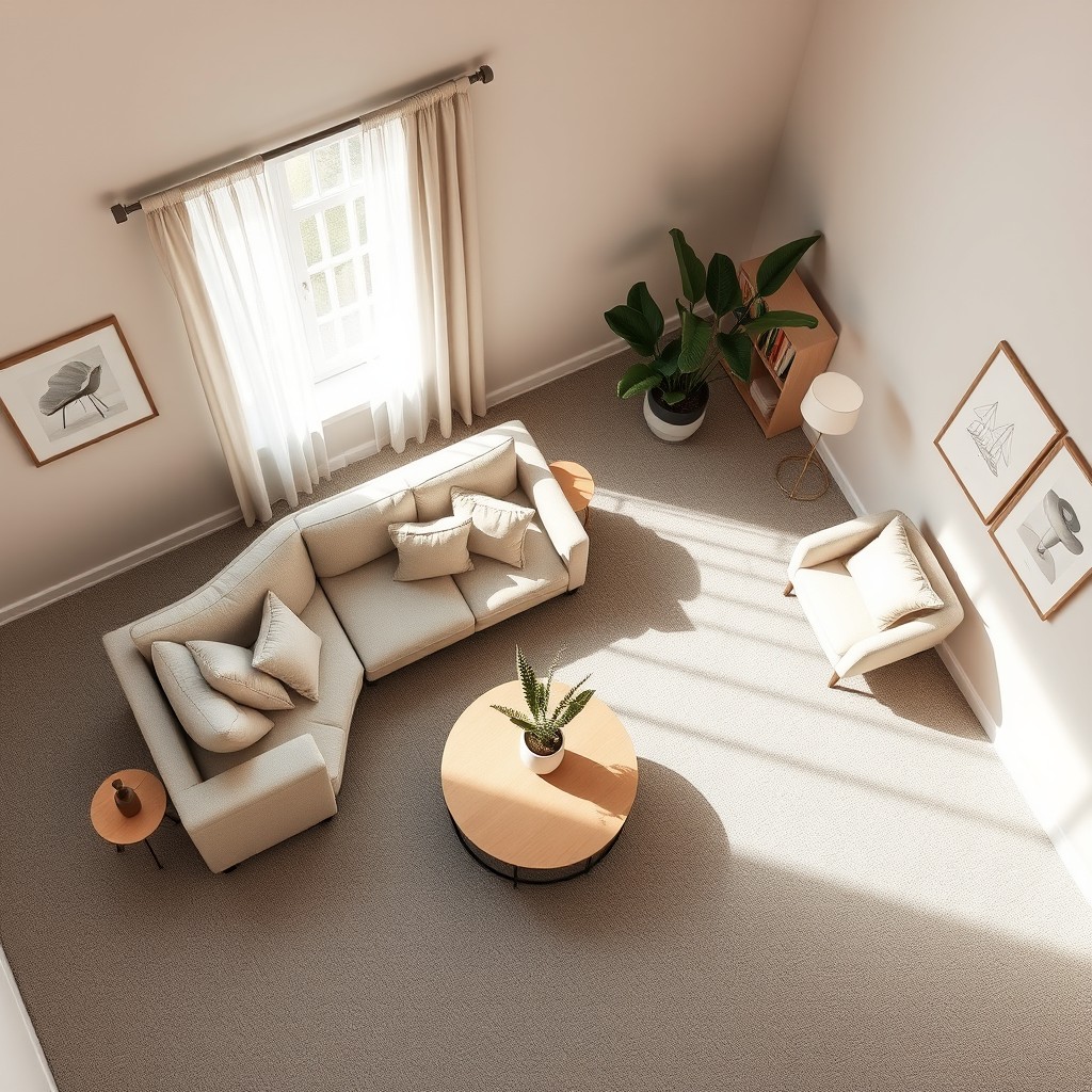 An overhead view of a relaxing room design featuring a spacious layout