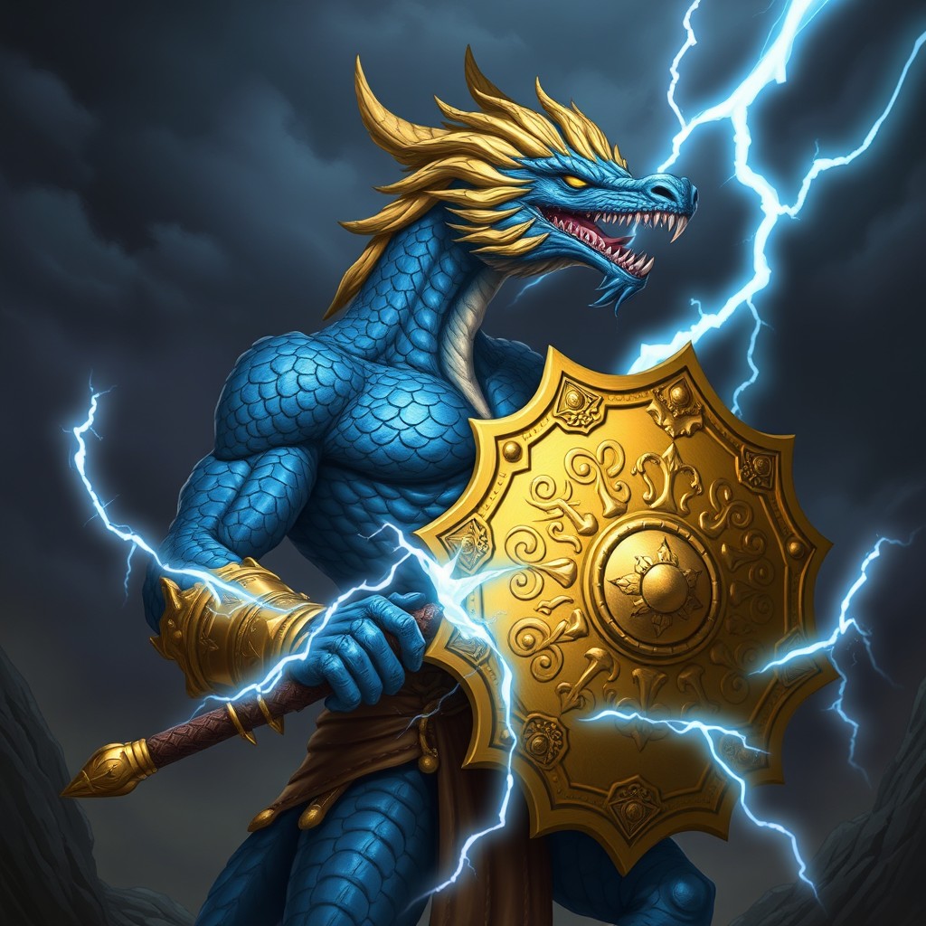 A striking blue dragonborn barbarian, depicted in a formidable, unarmored pose, with exquisite scales that shimmer under the light