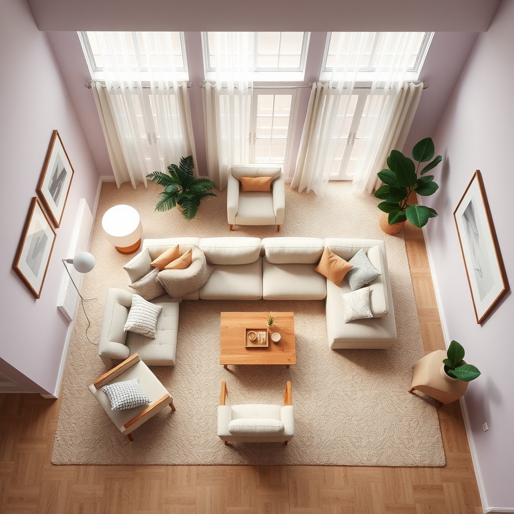 An overhead view of a relaxing room design with a square layout