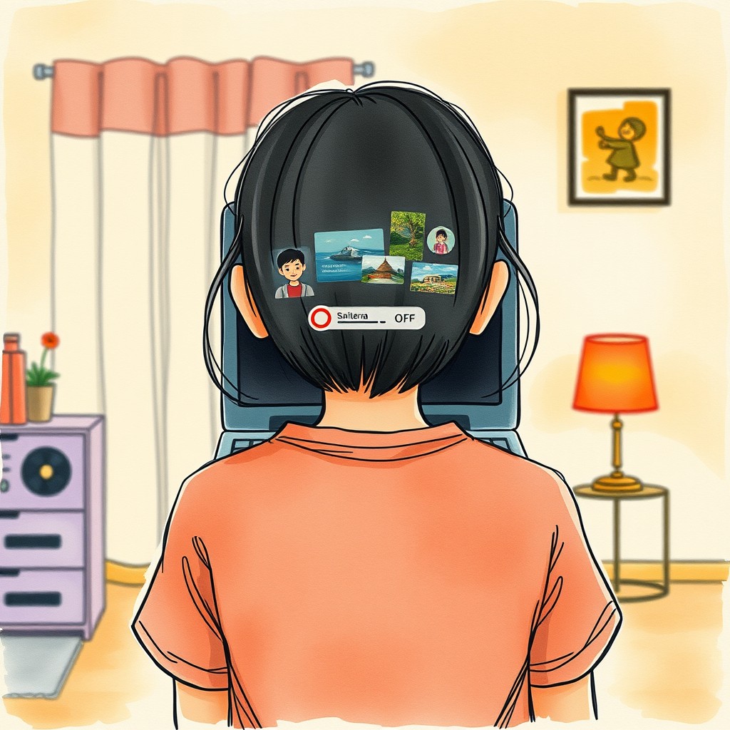 A hand-drawn watercolor illustration featuring an Indonesian girl viewed from behind, sitting in front of a laptop