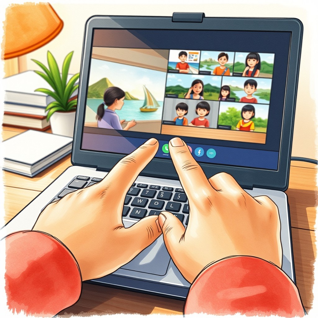 A hand-drawn watercolor illustration featuring a close-up shot of an Indonesian child's hands hovering over a laptop keyboard
