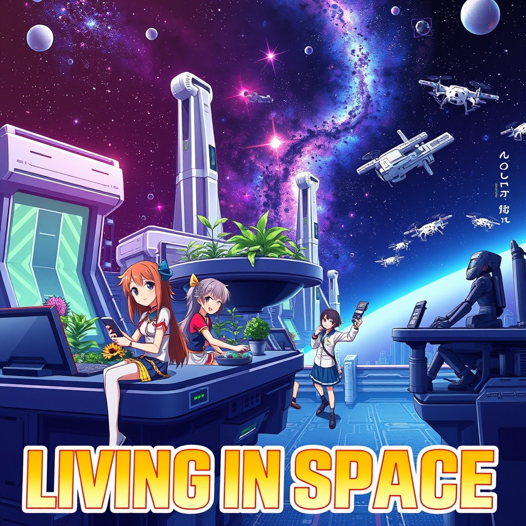 An eye-catching anime-style poster depicting the theme of living in space