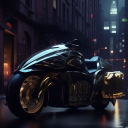 An innovative vision of a luxurious Batman Pod Motorbike in striking 8K resolution, imposingly standing in the luminance of Gotham's night.