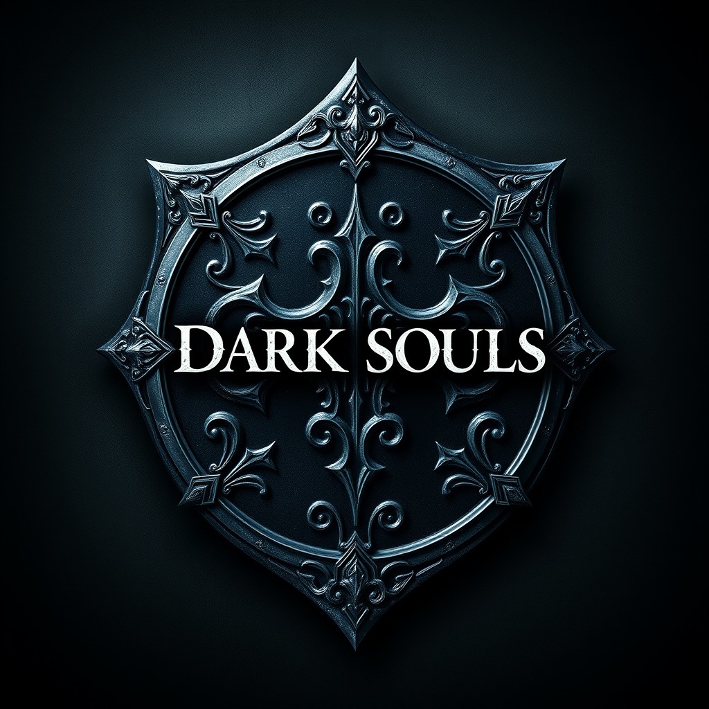 An empty Dark Souls shield crest, featuring intricate gothic designs and a dark, textured background that evokes a sense of mystery and foreboding