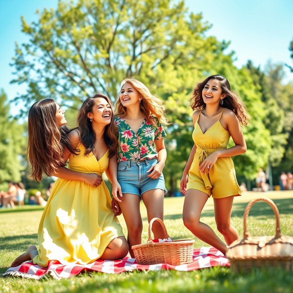 A vibrant scene featuring a group of young women enjoying a sunny day in a park