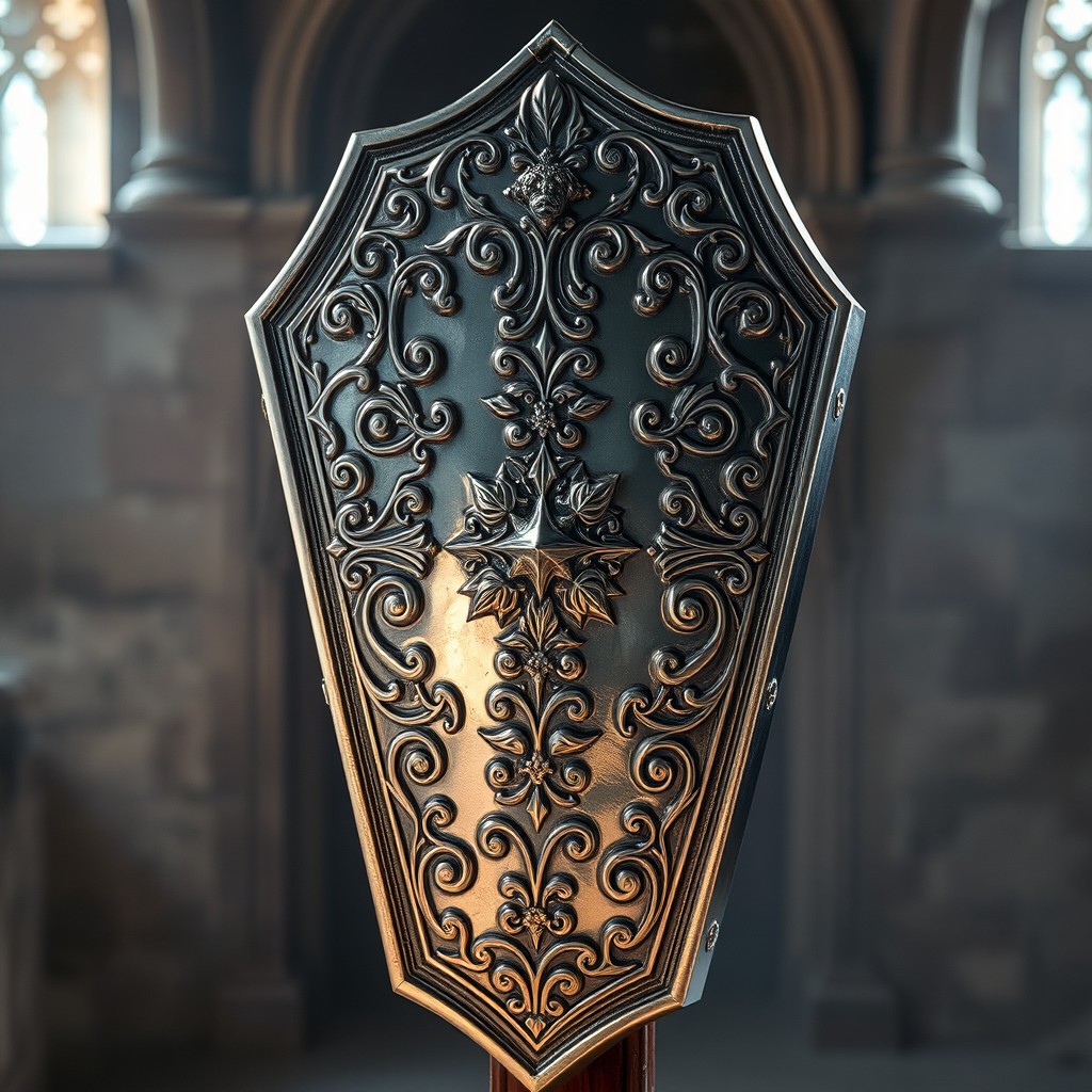 An intricately designed antique silver coffin-shaped shield, featuring ornate engravings and patterns inspired by Gothic architecture