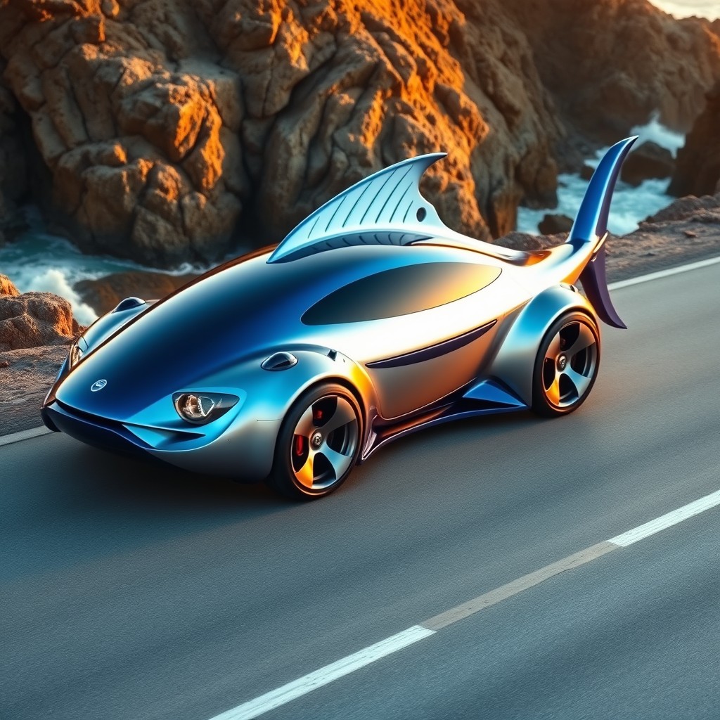 A sleek, modern tuna fish-shaped car, streamlined and futuristic design with vibrant blue and silver metallic colors, featuring unique dorsal fin accents, oversized tires, and a glossy finish