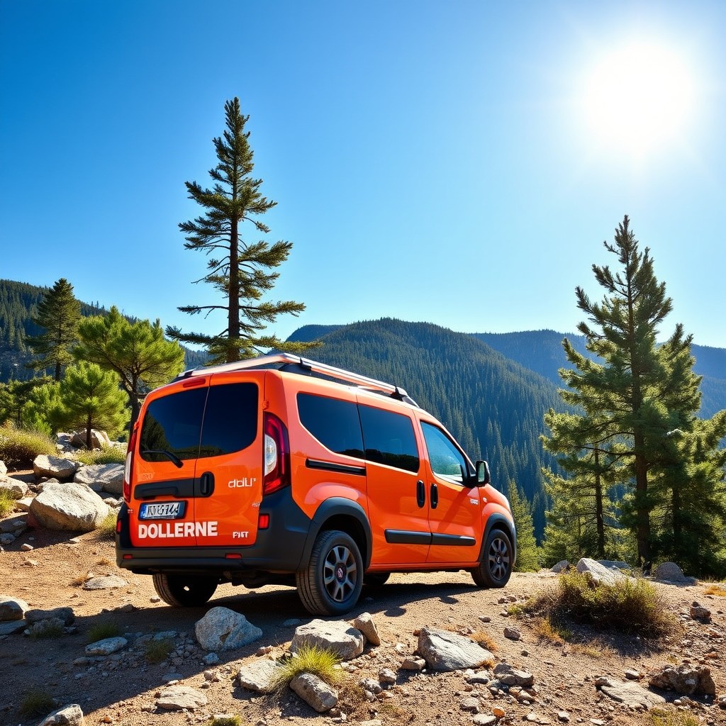 A Fiat Doblò Adventure parked on a rugged mountain terrain, showcasing its versatility and off-road capabilities