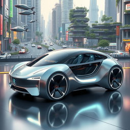 A futuristic car design with a sleek, aerodynamic body featuring advanced technology and innovative materials