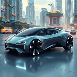 A futuristic car design with a sleek, aerodynamic body featuring advanced technology and innovative materials