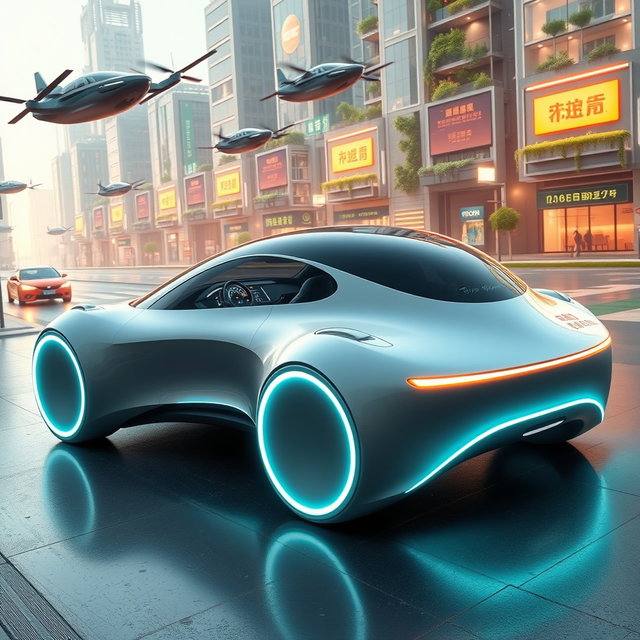 A futuristic car design with a sleek, aerodynamic body featuring advanced technology and innovative materials