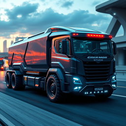 A futuristic truck design with a robust and powerful appearance, featuring a streamlined body and advanced aerodynamic elements