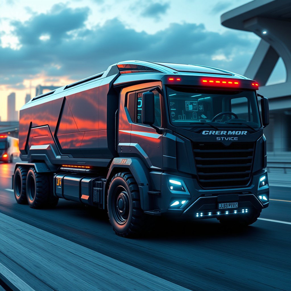 A futuristic truck design with a robust and powerful appearance, featuring a streamlined body and advanced aerodynamic elements