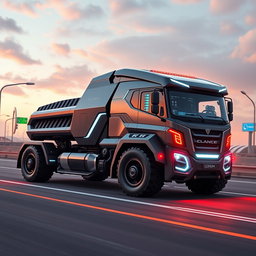 A futuristic truck design with a robust and powerful appearance, featuring a streamlined body and advanced aerodynamic elements